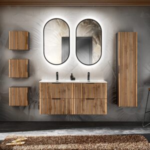 wohnli-moebel-suche-M26194179-1 Set aus Doppelwaschtisch 120cm Melamin Holz in Eichenoptik und Schwarz 120x57x46cm Spanplatte Schwarz Petits meubles Möbel Badezimmermöbel Waschtische