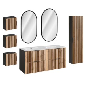 wohnli-moebel-suche-M26194179 Wohnli Möbelsuche - Set aus Doppelwaschtisch 120cm Melamin Holz in Eichenoptik und Schwarz