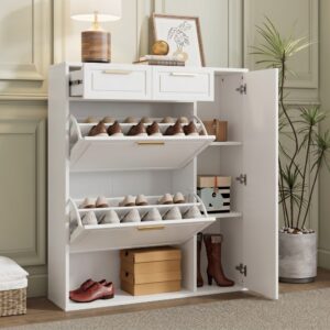 wohnli-moebel-suche-M26194623-1 Schuhschrank mit verstellbaren Regalen goldenen Griffen weiß 95x107x24cm Spanplatte Weiß Flieks Möbel Flurmöbel Schuhschränke