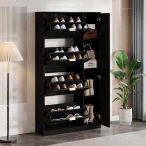 wohnli-moebel-suche-M26194624-1 Schuhschrank Spiegel Klappfächer Verstellbares Regal Schwarz 80x147x24cm Spanplatte Schwarz Flieks Möbel Flurmöbel Schuhschränke