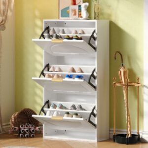 Schuhkipper Schmal 3 Klappen Schuhschrank Weiß 24x114x60cm Spanplatte Weiß Flieks Möbel Flurmöbel Schuhschränke