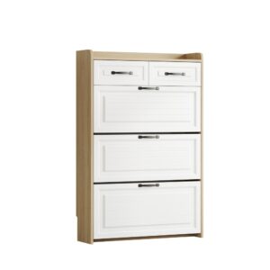 wohnli-moebel-suche-M26194629 Wohnli Möbelsuche - Drehbarer Schuhschrank mit 3 Klappen 2 Schubladen weiß und natur
