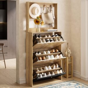 wohnli-moebel-suche-M26194630-1 Schuhschrank Mit Haken 3 Klappfächer Natur Schwarz 75x180x24cm Spanplatte Schwarz Flieks Möbel Flurmöbel Schuhschränke