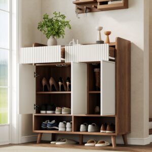wohnli-moebel-suche-M26194633-1 Schuhschrank Sideboard Holzbeine Stauraum Weiß Holzoptik 90x100x35cm Spanplatte Weiß Flieks Möbel Flurmöbel Schuhschränke