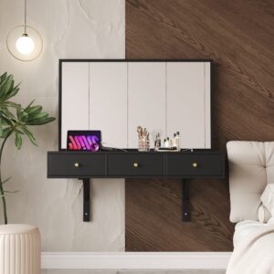 wohnli-moebel-suche-M26194636-1 Hängender Schminktisch Spiegel 3 Schubladen Schwarz 100x105x45cm Spanplatte Schwarz Flieks Möbel Schlafzimmermöbel Schminktische
