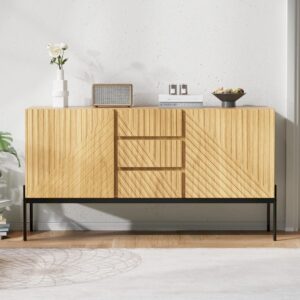 wohnli-moebel-suche-M26194648-1 Sideboard 2 Türen 3 Schubladen Metallbeine Linien-Design 150x75x40cm Spanplatte Braun Flieks Möbel Esszimmermöbel Sideboards, Highboards & niedrige Anrichten