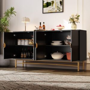 Sideboard Erhabene Struktur 4 Türen Goldgriffe Schwarz 160x82x40cm Spanplatte Schwarz Flieks Möbel Esszimmermöbel Sideboards, Highboards & niedrige Anrichten
