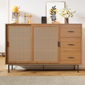 wohnli-moebel-suche-M26194654-1 Landhaus Sideboard Schiebetüren 3 Schubladen Verstellbare Böden 140x91x37cm Spanplatte Braun Flieks Möbel Esszimmermöbel Sideboards, Highboards & niedrige Anrichten