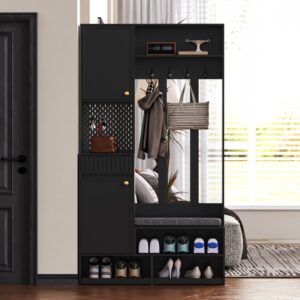 wohnli-moebel-suche-M26194657-1 Garderobenset Flurgarderobe Sitzbank 4 Haken Türen Schubladen Schwarz 100x180x35cm Spanplatte Schwarz Flieks Möbel Flurmöbel Dielenbänke