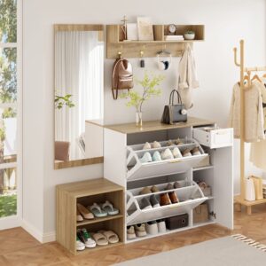 wohnli-moebel-suche-M26194661-1 4-Teiliges Garderobenset Schuhschrank Sitzbank Spiegel 130x174x30cm Spanplatte Weiß Flieks Möbel Flurmöbel Dielenbänke