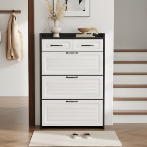 wohnli-moebel-suche-M26194666-1 Drehbarer Schuhschrank mit 3 Klappen 2 Schubladen schwarz und weiß 80x131x24cm Spanplatte Weiß Flieks Möbel Flurmöbel Schuhschränke