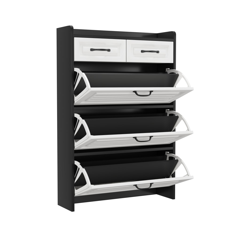 Wohnli Möbelsuche - Drehbarer Schuhschrank mit 3 Klappen 2 Schubladen schwarz und weiß