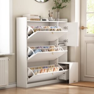 Vielseitiger Kipp-Schuhschrank mit 3 Klappschubladen freistehend weiß 119x122x24cm Spanplatte Weiß Flieks Möbel Flurmöbel Schuhschränke