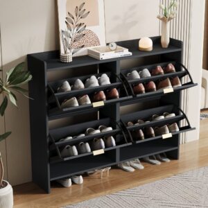 wohnli-moebel-suche-M26194669-1 Schuhschrank 4 Klappenfächer Offene Ablagen Schwarz 110x90x24cm Spanplatte Schwarz Flieks Möbel Flurmöbel Schuhschränke