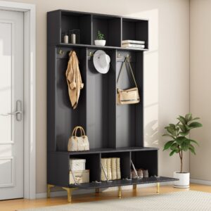 wohnli-moebel-suche-M26194674-1 Garderobenset Sitzbank Offene Ablagen Goldene Haken 120x191x40cm Spanplatte Schwarz Flieks Möbel Flurmöbel Dielenbänke