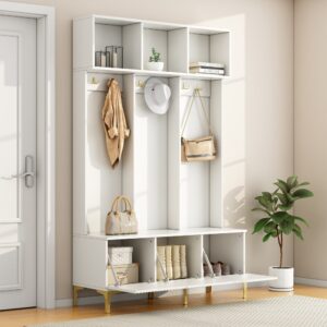 wohnli-moebel-suche-M26194675-1 Garderobenset Sitzbank Offene Ablagen Goldene Haken 120x191x40cm Spanplatte Weiß Flieks Möbel Flurmöbel Dielenbänke