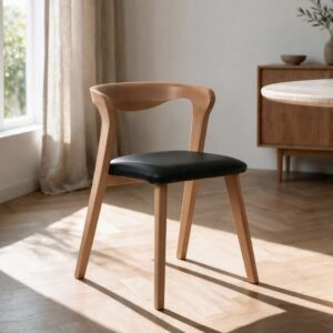 Stuhl aus hellem Gummibaumholz und schwarzem Kunstleder 54x73x55cm Holz Braun Maison Pavane Möbel Esszimmermöbel Stühle