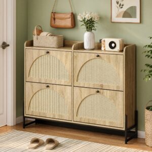 wohnli-moebel-suche-M26196170-1 Schuhschrank aus Holzwerkstoff in Holzoptik mit Rattan-Design-Türen 118x92x25cm Spanplatte Beige Hauss Spole Möbel Flurmöbel Schuhschränke