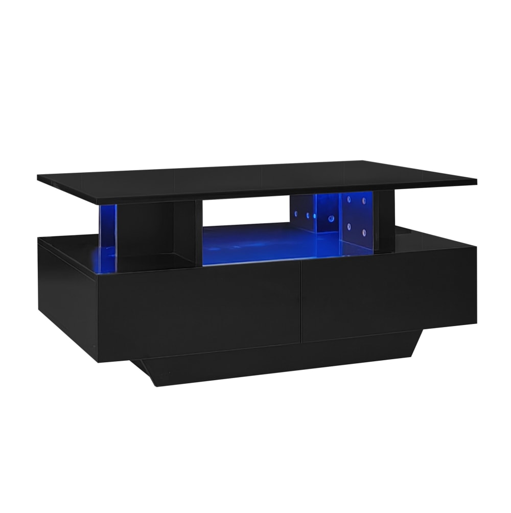 Wohnli Möbelsuche - Couchtisch aus schwarzer Spanplatte mit LED und 2 Schubladen