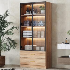wohnli-moebel-suche-M26196263-1 Badezimmerschrank aus Holzwerkstoff braun mit Glastüren 75x170x35cm Spanplatte Weiß Hauss Spole Möbel Schlafzimmermöbel Kommoden