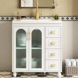 wohnli-moebel-suche-M26196402-1 Waschtischunterschrank aus Holzwerkstoff weiß mit Porzellanbecken 80x90x47cm Spanplatte Weiß Hauss Spole Möbel Badezimmermöbel Waschtische