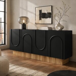wohnli-moebel-suche-M26196408-1 Sideboard mit 4 Türen aus Spanplatte schwarz und Holzoptik 160x75x38cm Spanplatte Schwarz Hauss Spole Möbel Schlafzimmermöbel Kommoden
