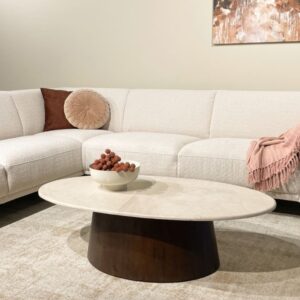 Ovaler Couchtisch aus Marmor und braunem Massivholz 65x36x120cm Marmor Beige Moloo Möbel Wohnzimmermöbel Couchtische