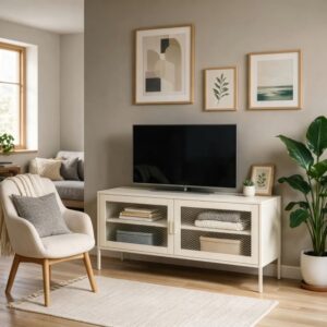 Weißes TV-Möbel aus Metall 120cm mit 2 Türen 120x55x39cm Stahl Weiß Happy Garden Möbel Wohnzimmermöbel TV-Möbel