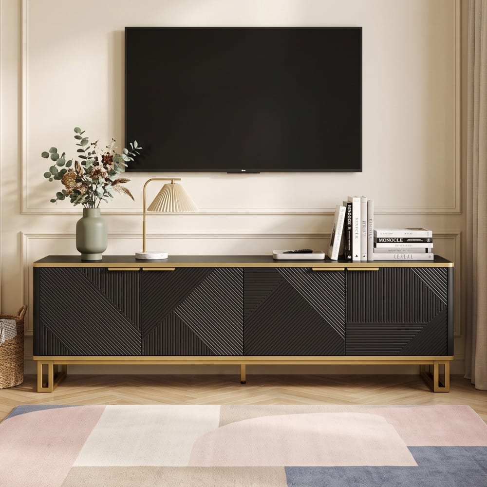 wohnli-moebel-suche-M26203824 Wohnli Möbelsuche - TV-Schrank 160 cm mit goldenem geometrischem Design 4 Türen