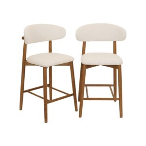 2 Barhocker Heveaholz nussbaumfarben mit Bouclé-Bezug 57x100x50cm Stoff Beige sweeek Möbel Wohnzimmermöbel Hocker