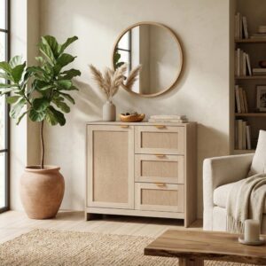 Schrank mit Tür 3 Schubladen aus MDF Helles Holz 80x80x40 80x80x40cm Holz Braun Mobili Rebecca Möbel Schlafzimmermöbel Kommoden