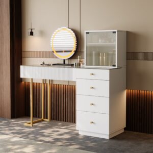 wohnli-moebel-suche-M26206679-1 Schminktisch weiß aus Holzwerkstoff mit LED-Spiegel und 5 Schubladen 120x120x40cm Spanplatte Weiß Hauss Spole Möbel Schlafzimmermöbel Schminktische