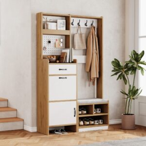 Flurgarderobe aus Spanplatte eichefarben und weiß mit Sitzbank 109x180x35cm Spanplatte Weiß Hauss Spole Möbel Flurmöbel Dielenbänke