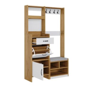 Wohnli Möbelsuche - Flurgarderobe aus Spanplatte eichefarben und weiß mit Sitzbank