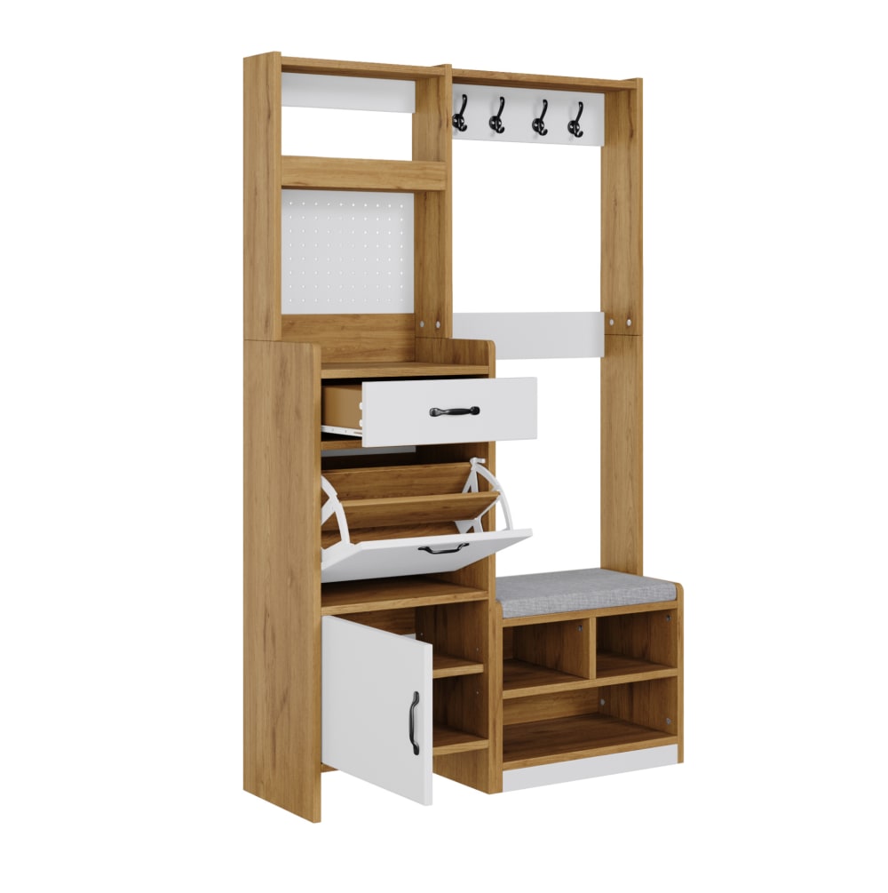 wohnli-moebel-suche-M26206873 Wohnli Möbelsuche - Flurgarderobe aus Spanplatte eichefarben und weiß mit Sitzbank