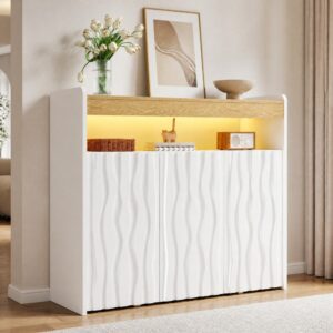 Sideboard mit 3 Türen aus Spanplatte weiß und natur mit LED 105x91x35cm Spanplatte Weiß Hauss Spole Möbel Esszimmermöbel Sideboards, Highboards & niedrige Anrichten