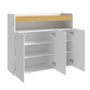 Wohnli Möbelsuche - Sideboard mit 3 Türen aus Spanplatte weiß und natur mit LED