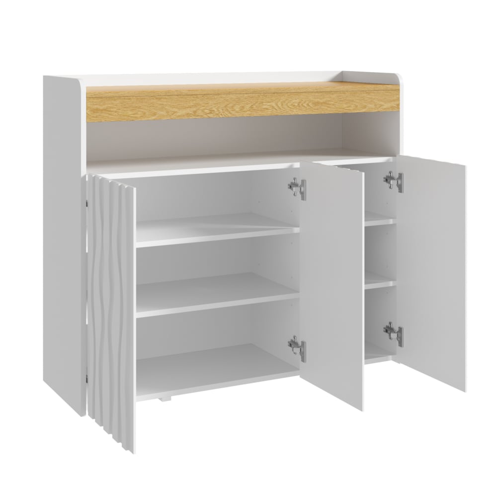 Wohnli Möbelsuche - Sideboard mit 3 Türen aus Spanplatte weiß und natur mit LED
