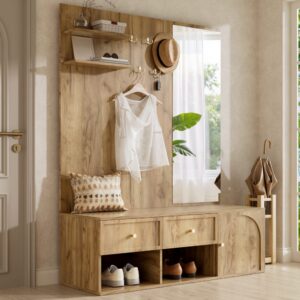 Garderoben-Set aus Spanplatte in Holzoptik mit Spiegel 120x159x35cm Spanplatte Beige Hauss Spole Möbel Flurmöbel Dielenbänke