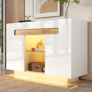 wohnli-moebel-suche-M26206882-1 Sideboard aus Spanplatte weiß und Naturholzoptik mit LED-Beleuchtung 120x80x40cm Spanplatte Weiß Hauss Spole Möbel Esszimmermöbel Sideboards, Highboards & niedrige Anrichten