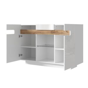 wohnli-moebel-suche-M26206882 Wohnli Möbelsuche - Sideboard aus Spanplatte weiß und Naturholzoptik mit LED-Beleuchtung