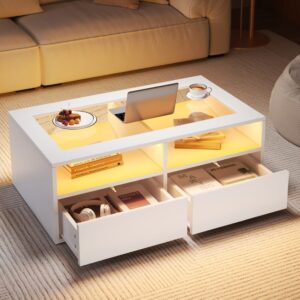 Couchtisch aus Holzwerkstoff weiß mit LED und 2 Schubladen 100x35x50cm Spanplatte Weiß Hauss Spole Möbel Wohnzimmermöbel Couchtische