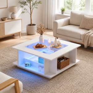 Quadratischer Couchtisch aus Spanplatte weiß mit LED 70x30x70cm Spanplatte Weiß Hauss Spole Möbel Wohnzimmermöbel Couchtische