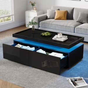 Couchtisch aus Spanplatte schwarz mit LED und 2 Schubladen 95x35x45cm Spanplatte Schwarz Hauss Spole Möbel Wohnzimmermöbel Couchtische