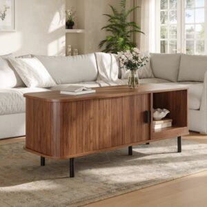 wohnli-moebel-suche-M26206893-1 Couchtisch aus Holzwerkstoff in Nussbaumoptik mit Schiebetür 110x55x40cm Spanplatte Braun Hauss Spole Möbel Wohnzimmermöbel Couchtische