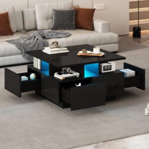 Couchtisch aus Spanplatte schwarz mit LED und 4 Schubladen 70x40x70cm Spanplatte Schwarz Hauss Spole Möbel Wohnzimmermöbel Couchtische