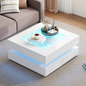 wohnli-moebel-suche-M26206904-1 Couchtisch aus Spanplatte und Glas weiß mit 3 Schubladen und LED 70x35x70cm Spanplatte Weiß Hauss Spole Möbel Wohnzimmermöbel Couchtische