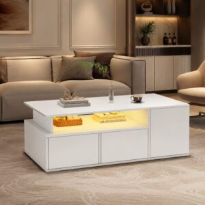 Couchtisch aus Spanplatte weiß mit LED und 2 Schubladen 100x35x50cm Spanplatte Weiß Hauss Spole Möbel Wohnzimmermöbel Couchtische