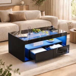 wohnli-moebel-suche-M26206908-1 Couchtisch aus Spanplatte schwarz mit gehärtetem Glas und LED 110x40x50cm Spanplatte Schwarz Hauss Spole Möbel Wohnzimmermöbel Couchtische