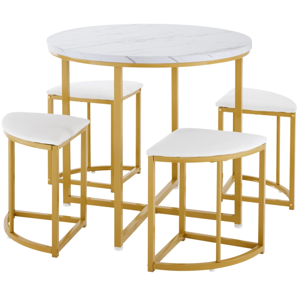 wohnli-moebel-suche-M26206914 Wohnli Möbelsuche - Essgruppe mit Tisch und 4 Stühlen aus Eisen weiß gold